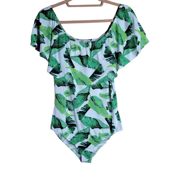 Orange Tree Tops - Orange Tree White Green Leaf Off the Shoulder Body Suit Women Size L